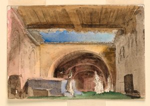 Scenedesign, interiør af hus og domstol af Unknown artist