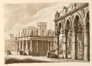 Scenedesign, firkant med offentlig bygning af Unknown artist
