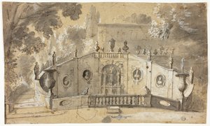 Trappe og springvand (recto); Siddende nøgen mand i profil til venstre, ser opad (verso) af Unknown artist