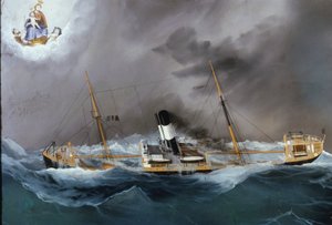 Dampbåd i en storm. af Unknown artist