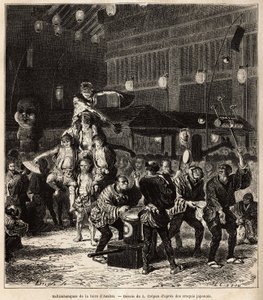 Gadesaltim: jonglører, balancespillere og akrobater i natforestillinger på den årlige Asaksa-messe, Tokyo-templet. Gravering til illustration af rejsen til Japan af Aime Humbert, minister for Det Schweiziske Forbund, i 1863-1864, udgivet i "" le tour du m af Unknown artist