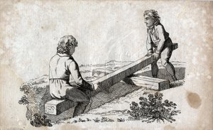 Gynge: to børn på et numsebånd (rumpebånd) Gravering sidst i 1700-tallet. Privat samling. af Unknown artist