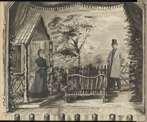 [Tableau vivant af en mand og en kvinde på en teaterscene]. af Unknown artist