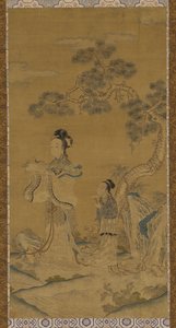 Tapestry: en daoistisk kvinde udødelig og ledsager under en fyr af Unknown artist