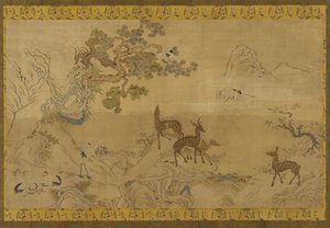 Gobelin: landskab med hjorte, storke, fyrretræer og ferskentræer af Unknown artist