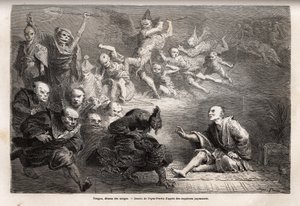 Tengu eller dæmon af drømme, mindre gud af japansk folklore, zoomorph, han tager form af en ravn, udstyret med magiske kræfter, det er et populært emne for kunst, teater og litteratur i Japan. Gravering til illustration af rejsen til Japan i 1863-1864, af  af Unknown artist