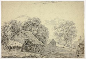 Stråtækt skur på gården af Unknown artist