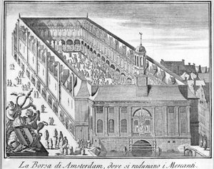 Amsterdam-børsen, hvor købmænd samles. 1700-tals gravering. af Unknown artist