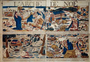 The Ark of Noe Konstruktionen af arken, Noe modtager annonceringen af syndfloden, syndfloden, dyrearten reddet efter syndfloden"" Gravering af det 18. århundredes private samling af Unknown artist