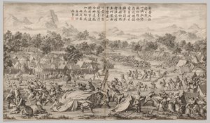 Slaget ved Elei Zhalatu: fra Battle Scenes of the Quelling of Rebelling in the Western Regions, with Imperial Poems af Unknown artist