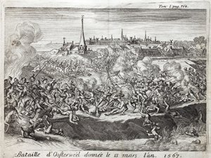 Slaget ved Oosterweel (Holland, Holland), afholdt den 13. marts 1567, den første konfrontation af Firs (80) Års krig (1567-1648). Gravering til illustration af "Historien om krigen i Flandern", af Flamianus Strada, udgave Joseph T