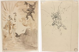 Biskoppen og Dæmonen (recto); Tre dæmoner holder en ridder (verso) af Unknown artist