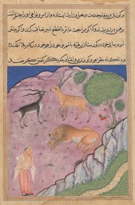 Brahmanen støder på en løve, der har en hjort og en gazelle som vesirer, fra en Tuti-nama (Fortællinger om en papegøje): Enogtyvende nat af Unknown artist