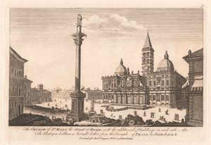 Maria den Store Kirke i Rom, med de ekstra bygninger på hver side; Også den antikke søjle bragt hertil fra Fredens tempel, af pave Paul, V af Unknown artist