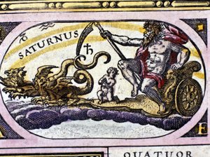 Guden Saturn (Cronos) på en tank trukket af to drager. af Unknown artist