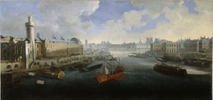 Louvres Grande Galerie med Porte Neuve, Pont-Neuf, Cité, Collège des Quatres-Nations under opførelse og Quai Malaquais, ca. 1665. På Seinen, den kongelige galej, mellem 1660 og 1670 (olie på lærred) af Unknown artist