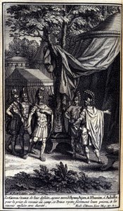Grækerne, forbavsede over deres nederlag, sendte Ulysses, Ajax og Phenix til Achilleus for at bede ham om at vende tilbage til lejren. Denne prins afviser stolt deres bønner og sender dem derefter hårdt tilbage. Illustration af bog IX af Iliaden af Homere, af Unknown artist