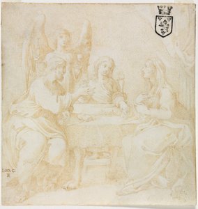 Den hellige familie ved bordet betjent af en engel af Unknown artist