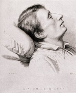 Den italienske digter Giacomo Leopardi (1798-1837) på sit dødsleje. Indgravering af det 19. århundrede af Unknown artist