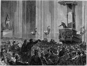 Pariserkommunen i 1871. Sankt Eustatius Kirkeklub. Kirkerne blev anmodet af fødererne om aftenen til at holde møder og debatter. Disse klubber havde et tredelt formål med uddannelse, information og udtryk. af Unknown artist