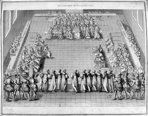 Poissi-kollokviet (Poissy) i 1561. I midten kong Charles IX (1550-1574) og dronningmoderen Catherine de Medici (1519-1589). af Unknown artist