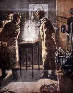 Røntgen (Rontgen) eller røntgenstråler. Opdaget i 1895. Illustration, der repræsenterer eksperimentet. af Unknown artist