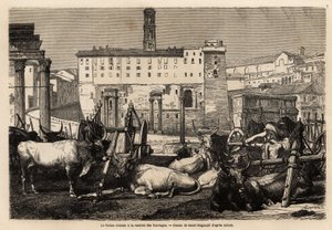 Det romerske forum har leje af foder, okserne ligger midt mellem vogne og gamle ruiner. Engravure pour illustrrer le voyage à Rome, af Francis Wey, i 1864-1868, udgivet i "" Le tour du monde""" 1869, redigeret af Edouard Charton, udgave Hachette, af Unknown artist