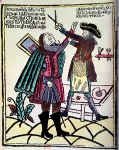 Den russiske tsar Peter I den Store (1672-1725) promulgerede en reform i 1722, som krævede at skære skægget. Indgravering af det 18. århundredes Paris, B.N. af Unknown artist