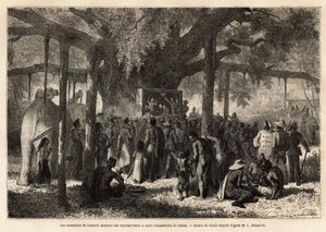 Annamitterne fra Garniers eskorte giver en improviseret repræsentation til deres landsmænd i Lakon (Laos), efter at have indrettet et lille dukketeater ved foden af en banian med en enorm kuffert. Gravering for at illustrere udforskningsrejsen i Indokina, af Unknown artist