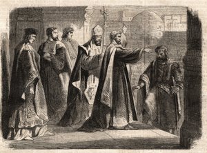 Ærkebiskoppen Sankt Ambrosius af Milano (Aurelius Ambrosius, Ambrogio di Milano (340-397) forbød indgangen til kirken til den romerske kejser Theodosius I (Flavius Theodosius) (347-395) for at straffe ham for massakren i Thessalonika i 390 - Excommunicati af Unknown artist