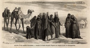 Ankomsten af en tyrkisk (Turkmenistan) hustru i sin mands familie; døtre gifter sig ikke før de fylder 17 år, vælges af den mand, der forhandler medgiften (som han giver til sin kommende hustrus familie) og betingelserne for ægteskab. Gravering af Unknown artist