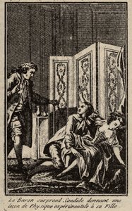 Baronen overrasker Candide, der giver en lektion i eksperimentel fysik til sin datter Frontispice for "" Candide"" af Francois Marie Arouet dit Voltaire. af Unknown artist