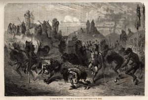 Bisondansen udført af krigerne i Mandans-indianerne (eller noumah ka kie: fasaner) på den venstre bred af Missouri. Gravering til illustration af en udflugt blandt indianerstammerne i bassinerne i Colombia og Upper Missouri, af G. Catlin, i 1855, s. af Unknown artist