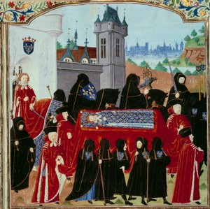 Liget af den afdøde kong Charles VI (1368-1422) bliver båret væk, bag processionen den nye kong Charles VII (1403-1461) miniaturen 22/10/1422 fra manuskriptet "" Chronicles of Charles VII"" (Ms. . fr. 2691) af Jean Chartier af Unknown artist