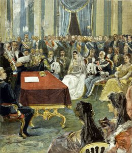 Prinsen af Napoli - som blev til Victor Emmanuel III (Victor Emmanuel) (Vittorio Emanuele) - borgerligt ægteskab med prinsesse Helene af Montenegro ved Quirinalpaladset i 1896. I midten kan du se Humbert I (Umberto) til venstre for bruden. af Unknown artist