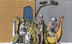 Konstruktionen af skibet Argo, assisteret af Minerva, med det hellige træ af egetræerne i Dodone. af Unknown artist