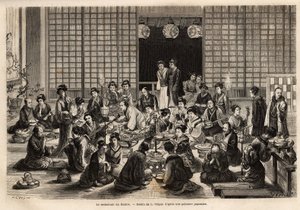 Spisestuen i Yokohama Theatre er permanent fyldt, selv under forestillingen. Gravering til illustration af rejsen til Japan af Aime Humbert, minister for det schweiziske forbund, i 1863-1864, udgivet i "" le tour du monde"", under den dystre af Unknown artist