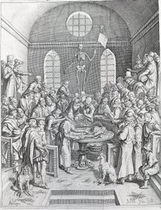 Dissektionsgruppen af læger og videnskabsmænd genforenes for at følge en dissektion i et amfiteater. Stik fra 1788 af Unknown artist