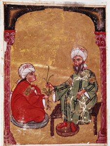 Lægen og botanikeren Pedanius Dioscoride (Pedanius Dioscorides) (40-90 e.Kr.) sidder med en af sine elever Miniature fra hans afhandling "De materia medica"" (ms Ahmed III, 2147, folio 217a) 1229 Topkapi Sarayi Museum Library, Istanbul af Unknown artist