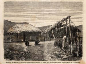 Boligen og skibsværftet for en engelsk bygmester nær Noumea, som bruger indfødt arbejdskraft eller fordømmer dem indtil slutningen af deres tid med hårdt arbejde. Engravure pour illustrrer le voyage à la Nouvelle Caledonie, af Jules Garnier, civilingeniør  af Unknown artist