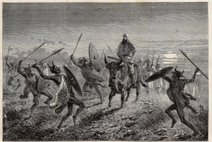 Den eskorte, der er tildelt den rejsende Baker, udfører en fantasi inden afrejse til Lake Albert (eller Albert Nyanza). Gravering til illustration af turen til Lake Albert, i 1861-1864, af Sir Samuel White Baker, i "Le tour du monde, nouveau journal des vo af Unknown artist