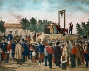 Henrettelsen den 13/03/1858 af Felice Orsini (1819 - 1858) og Pieri, der udførte angrebet den 14. januar 1858 mod Napoleon III på Place de la Roquette i Paris Litografi fra slutningen af det 19. århundrede. Milanos private samling af Unknown artist