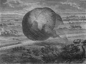 Kuglens fald "" The Giant"" på Hannovers sletter i 1863 med ombord: Jules og Louis Godard, Felix Nadar, hans kone, Fernand Montgolfier og Thirion. I” Album de la Science”, Éditions Jouvet af Unknown artist