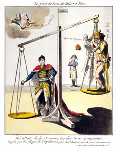 The Foot of the Nose of Milord Pit - Resultatet af den såkaldte dag for de tre kejsere - vundet af Hans Majestæt Napoleon, på dagen for 1-årsdagen for hans kroning. Tegnefilm om Napoleon I og den 3. koalition (Storbritannien repræsenteret af William Pi af Unknown artist