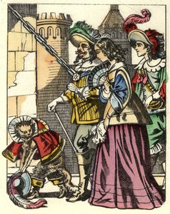 Kongen, prinsessen og markisen af Carabas ankommer til troldens slot forud for kattestøvlen. Illustration af fortællingen "The cat botte" af Charles Perrault af Unknown artist