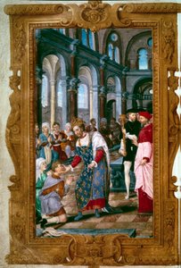 Kongen rører ved, Gud hører dig Kong Henrik II (1519-1559), thaumaturge, krigere en syg af ecrouelles i klosteret Saint Marcoul, lige efter ceremonien for kroningen af Reims. Nær ham buen af Reims. Miniature fra "The Hours of Henry II"" 154 af Unknown artist