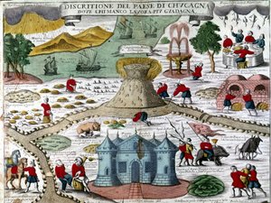 Cocagnens land (cuccagna): et imaginært land, hvor man ville leve uden arbejde og uden bekymring, i overflod og glæde: træ, der producerer frisk frugt, sølvflod, gyldne bjerge, fængsler for arbejdere, regn fra kogte kyllinger, kanoner, der trækker flasker 