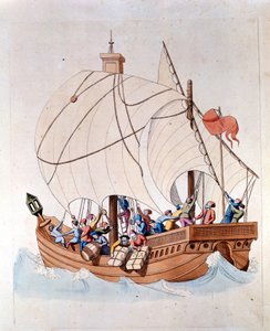 Lastningen af en karavel fra det 13. århundrede er på havet. af Unknown artist