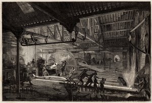 Fremstillingen af skinnerne i de gamle smedjer i Le Creusot, stålstrimlerne, hvide af varme, strækker sig i skinner mellem valseværkerne. Gravering til illustration af en rejse til Creusot og minerne i Saone og Loire, i 1865, af L. Simonin, i "" Le tou af Unknown artist