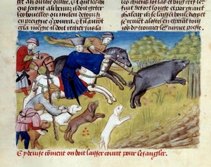 Miniature-vildsvinejagten fra ""The book of hunting"" af Gaston III Phoebus, greve af Foix, Lord of Bearn (1331-1391) af Unknown artist